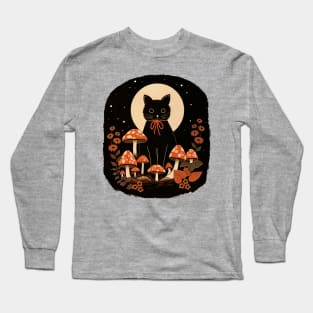 Black Cat with Mushrooms Long Sleeve T-Shirt